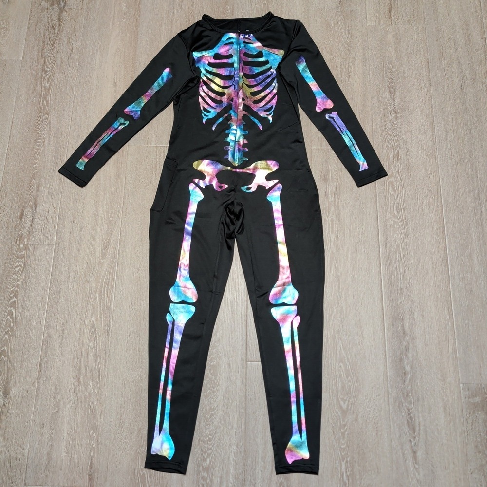 Tipsy Elves Womens Rainbow Metallic Skeleton Jumpsuit Black Iridescent Costume L